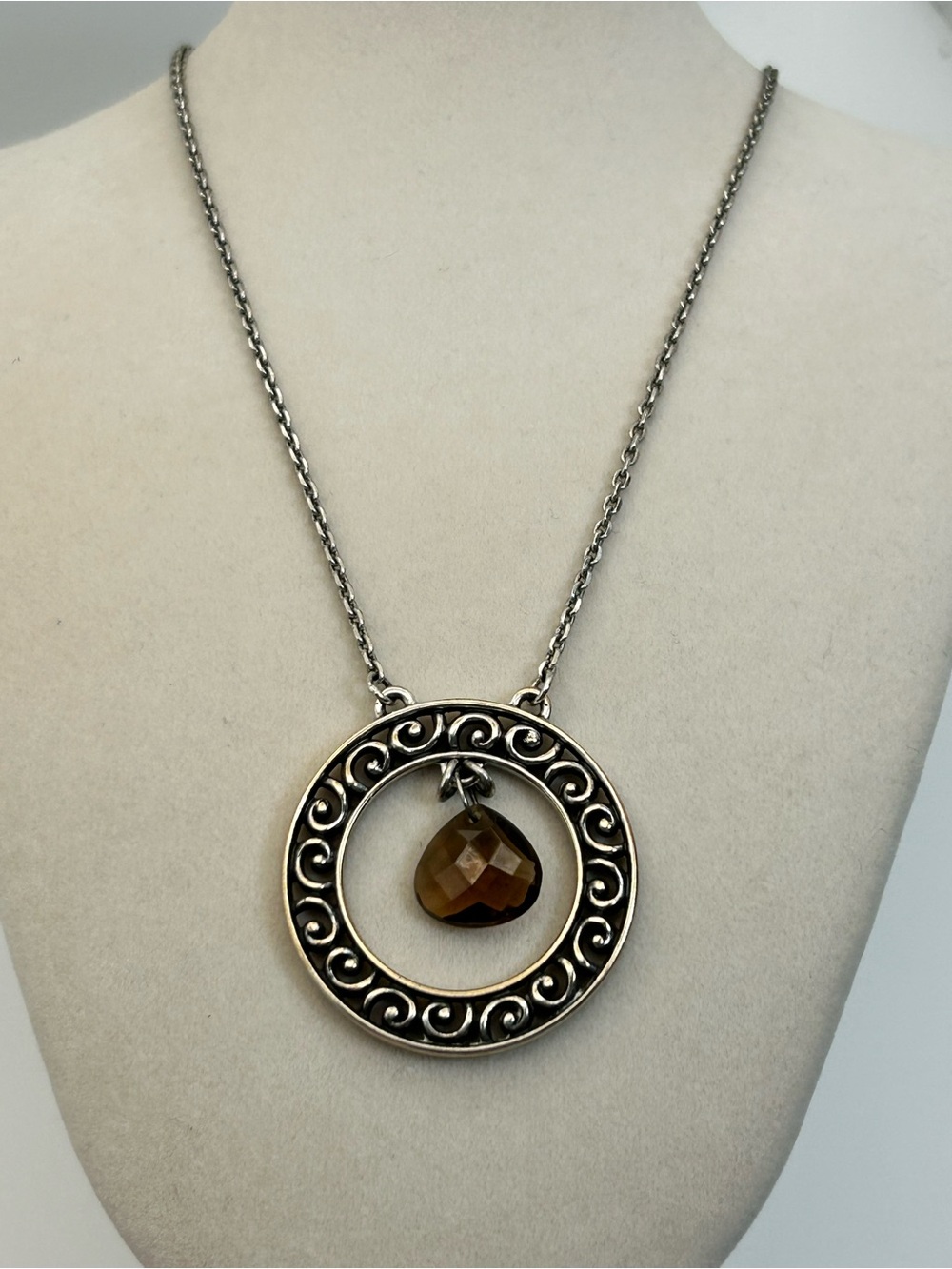 Brighton Crystal Ball Pendant Necklace Silver Plated Brown Stone 20"